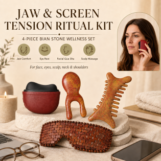 Jaw & Screen Tension Ritual Kit – 4-Piece Bian Stone Gua Sha Set for Face, Jawline, Eyes, Scalp, Neck & Shoulders