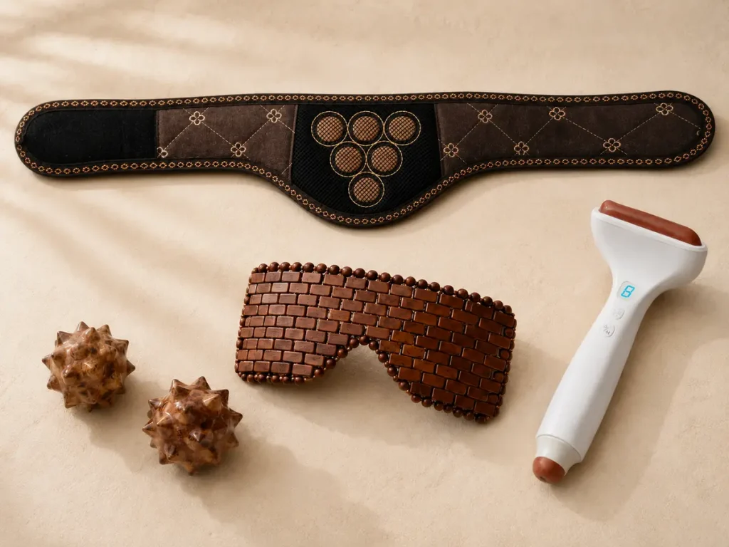 Resoveya screen-stress reset tools including a heated neck wrap, weighted eye mask, palm pressure tools and heated facial tool