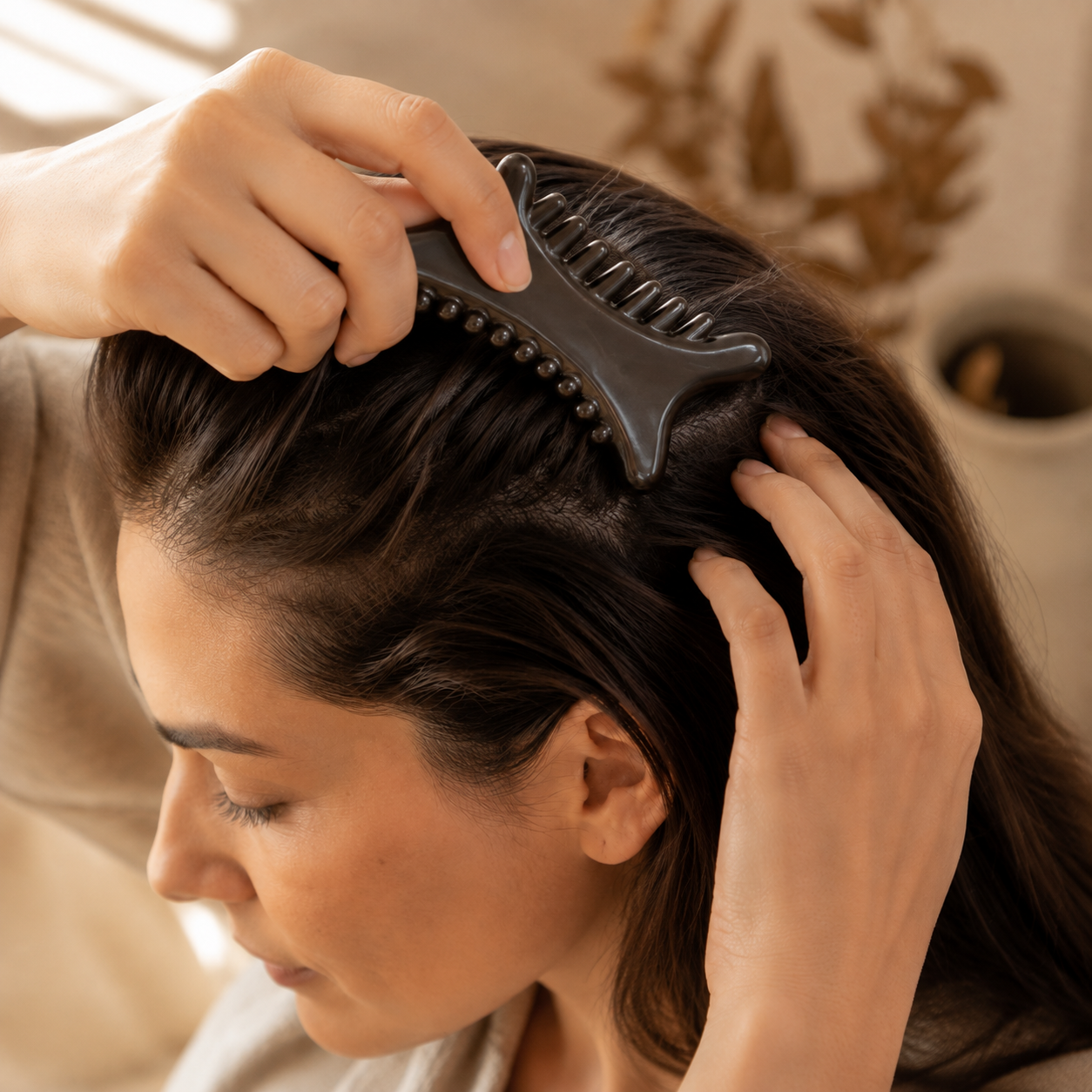 Black bian stone comb used gently across the scalp