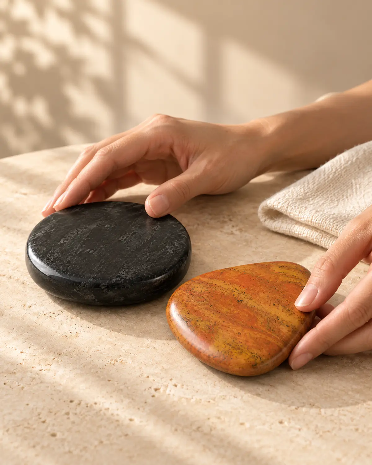 Hands arranging black and red bian stones for a modern body-care ritual