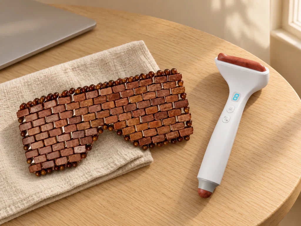Bian stone eye mask and white powered bian stone tool on a wooden table beside a closed laptop