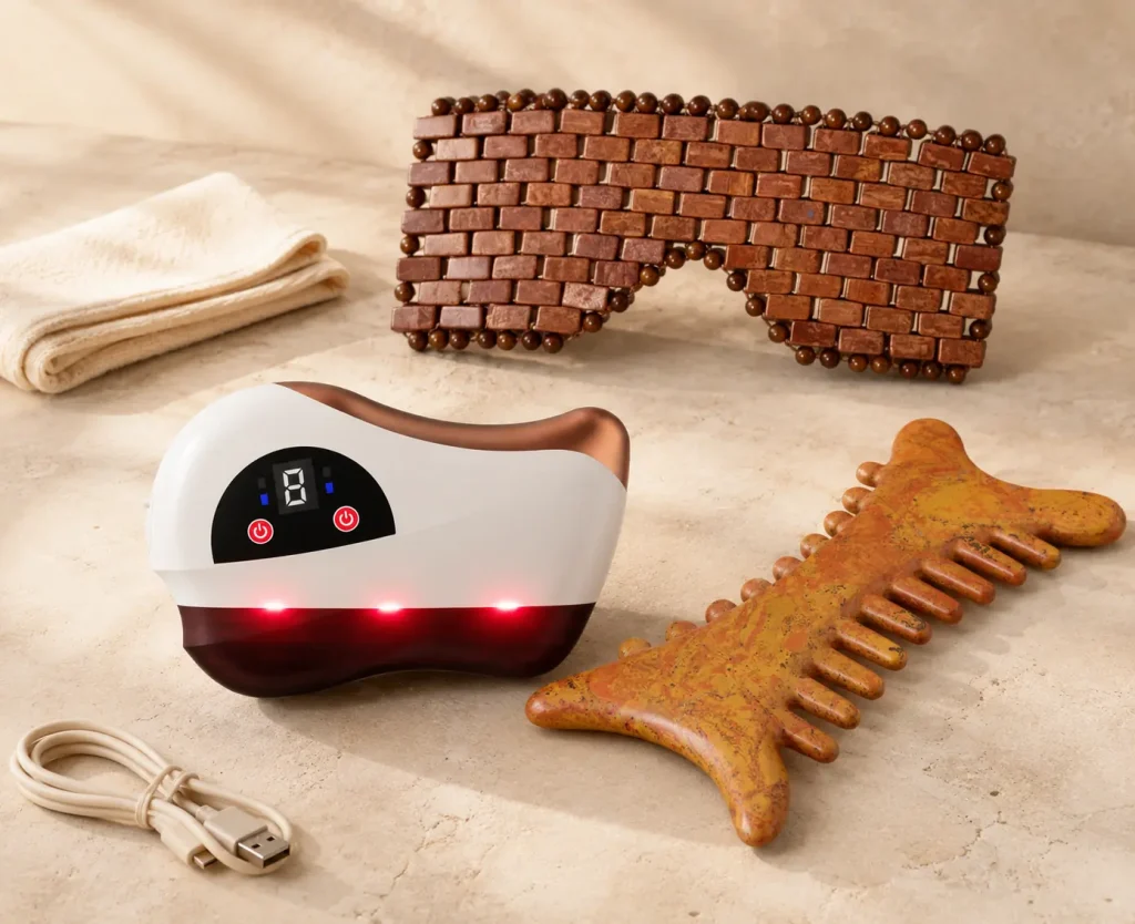 Resoveya manual and powered wellness tools with a soft cleaning cloth and charging cable