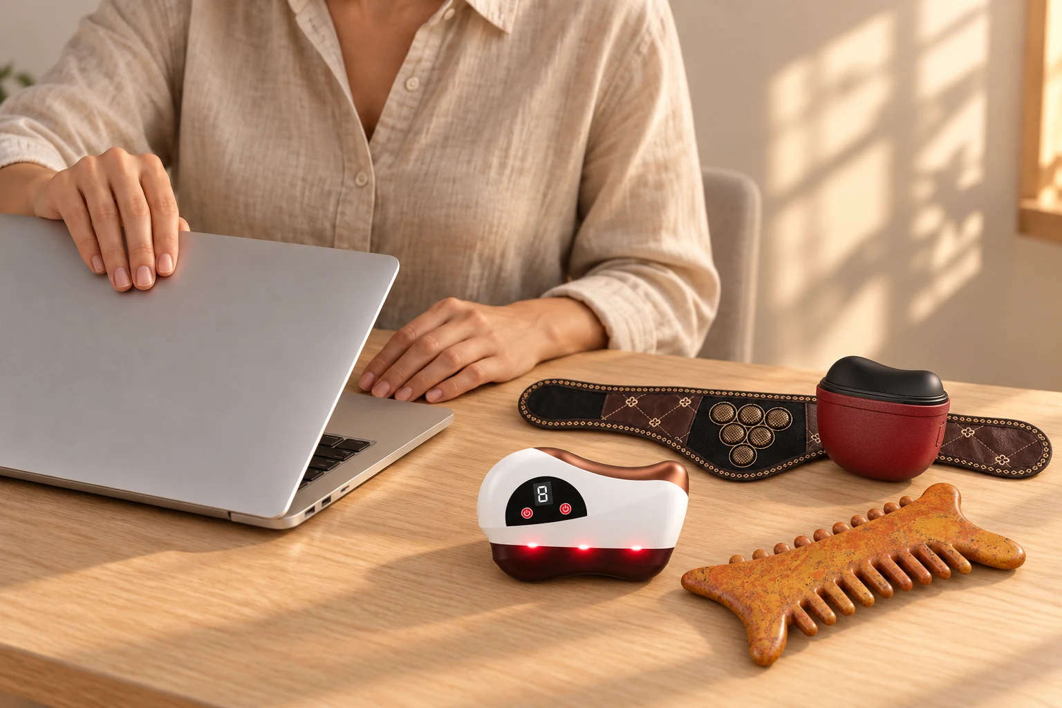 Person closing a laptop beside powered bian stone tools, a heated wrap and a stone comb on a wooden desk