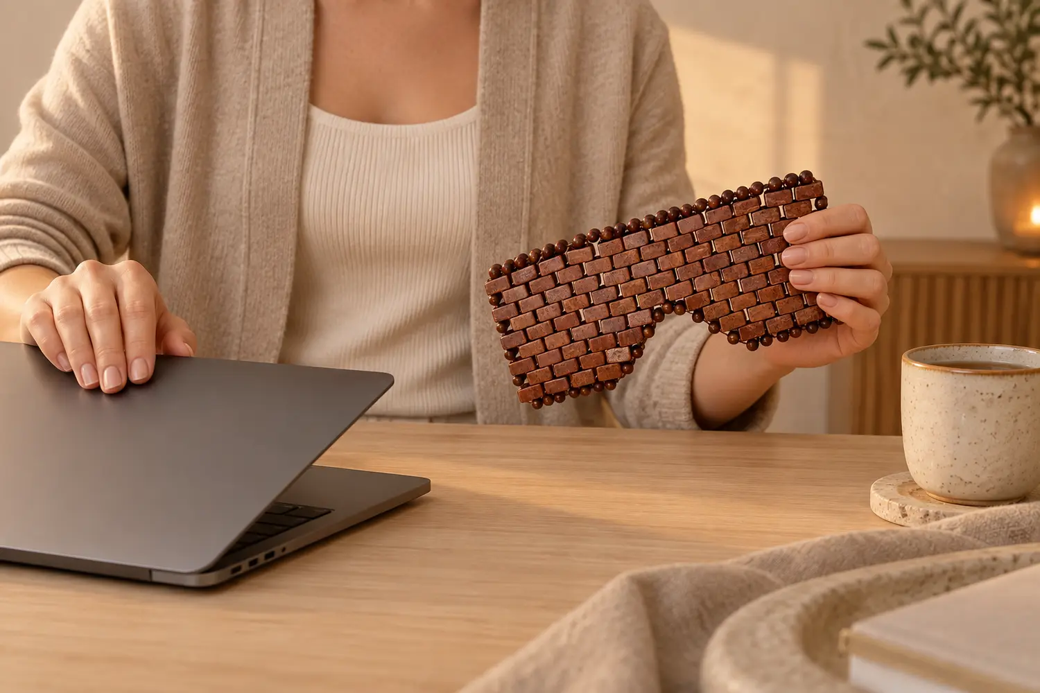 A person closing a laptop and picking up a bian stone eye pillow for an evening wind-down ritual